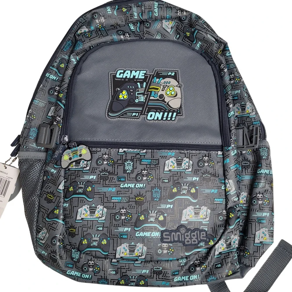 Smiggle Game On Epic Backpack Kids Gray‎ Blue Controller Gamer School Bag NEW